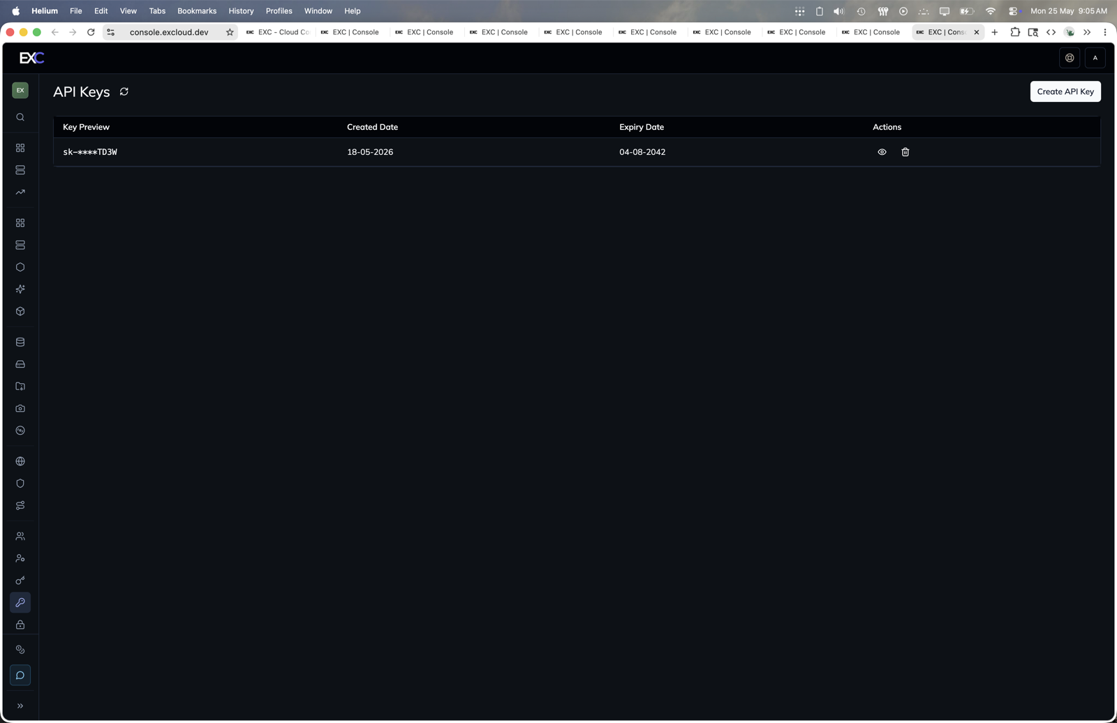 API keys in the Excloud console
