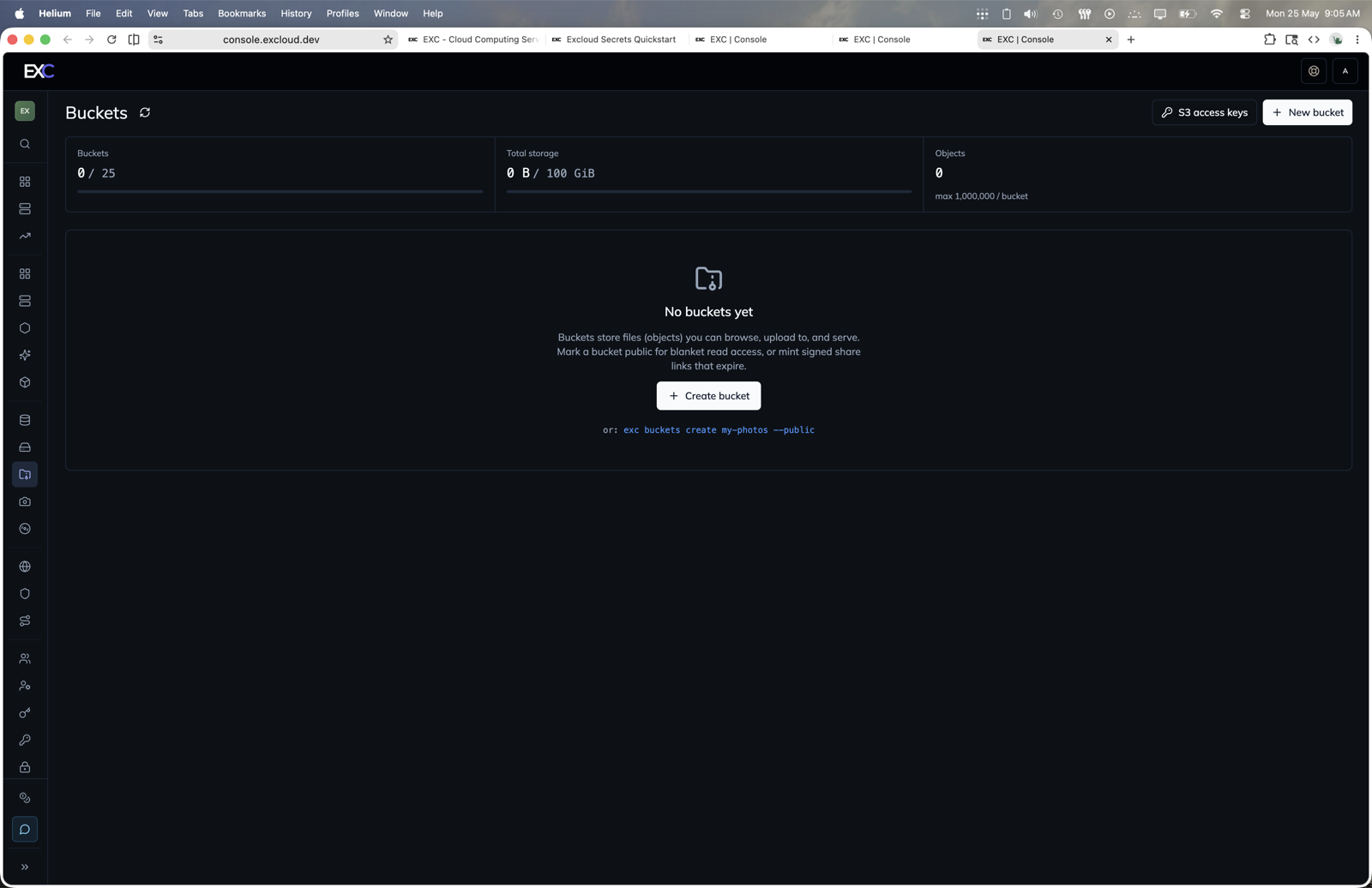 Buckets in the Excloud console