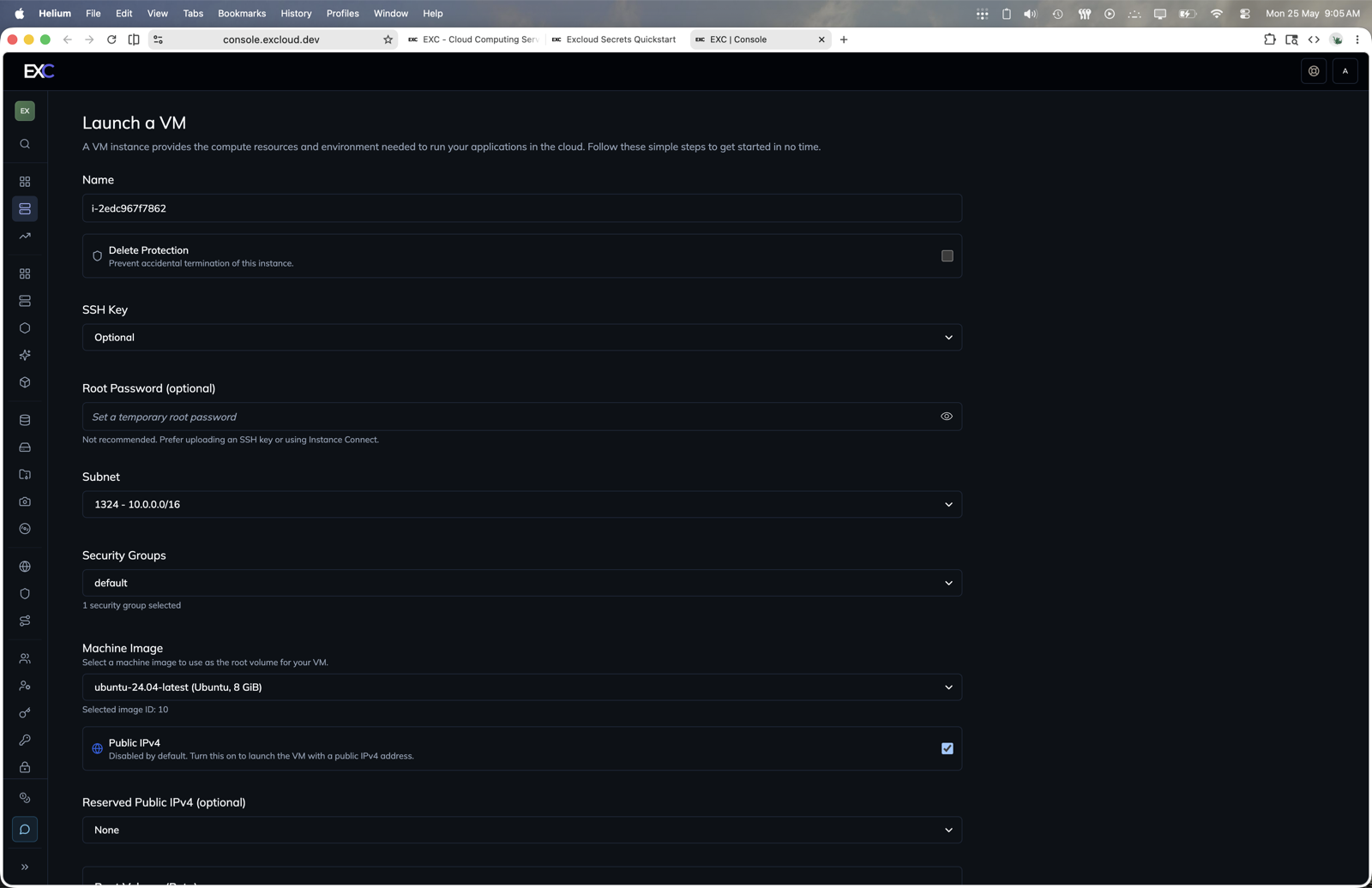 Launch a VM in the Excloud console