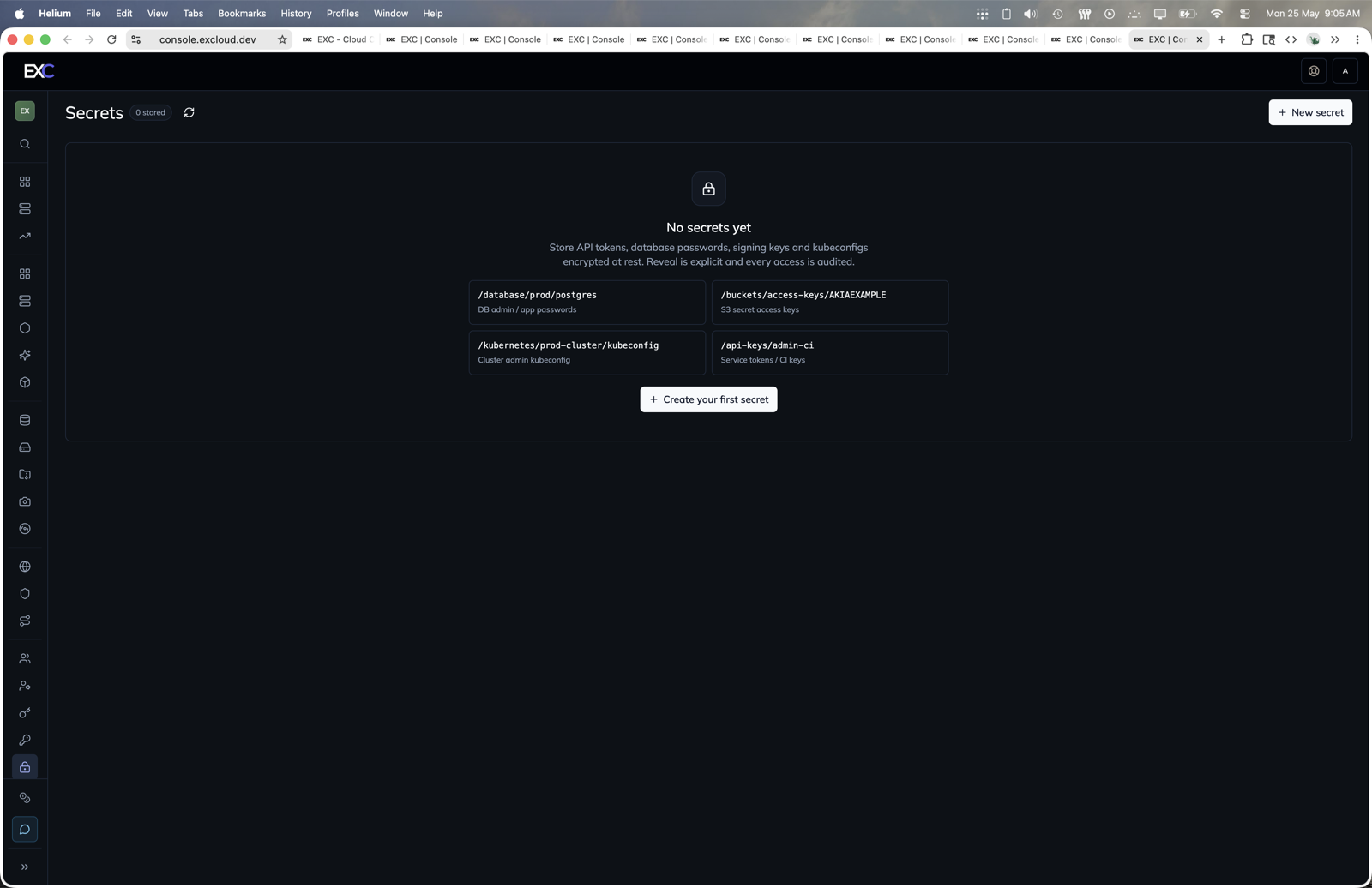 Secrets in the Excloud console
