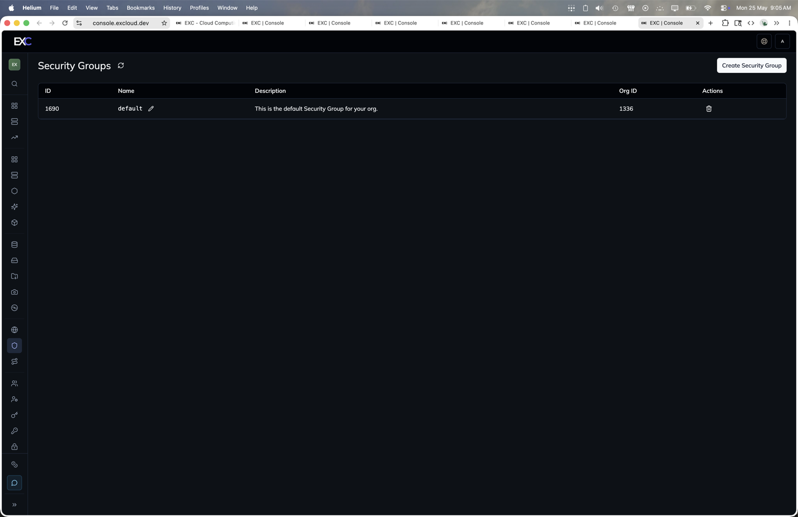 Security groups in the Excloud console