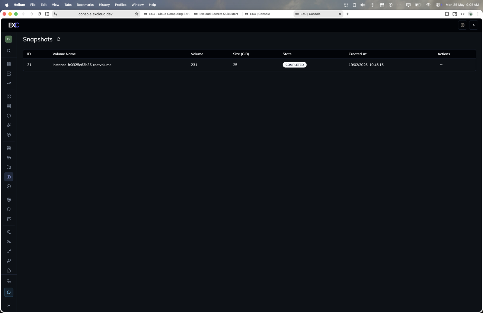 Volume snapshots in the Excloud console