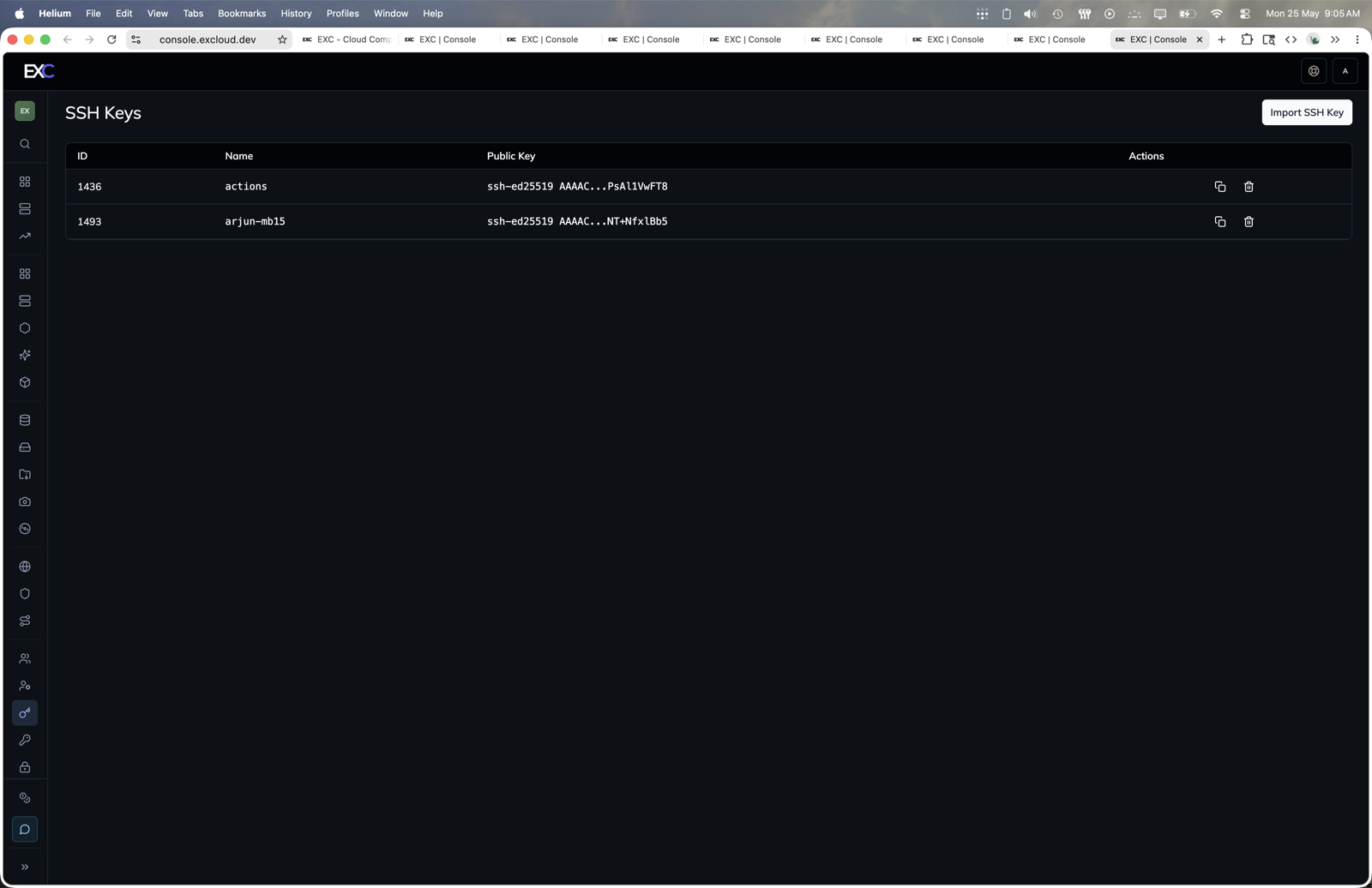 SSH keys in the Excloud console