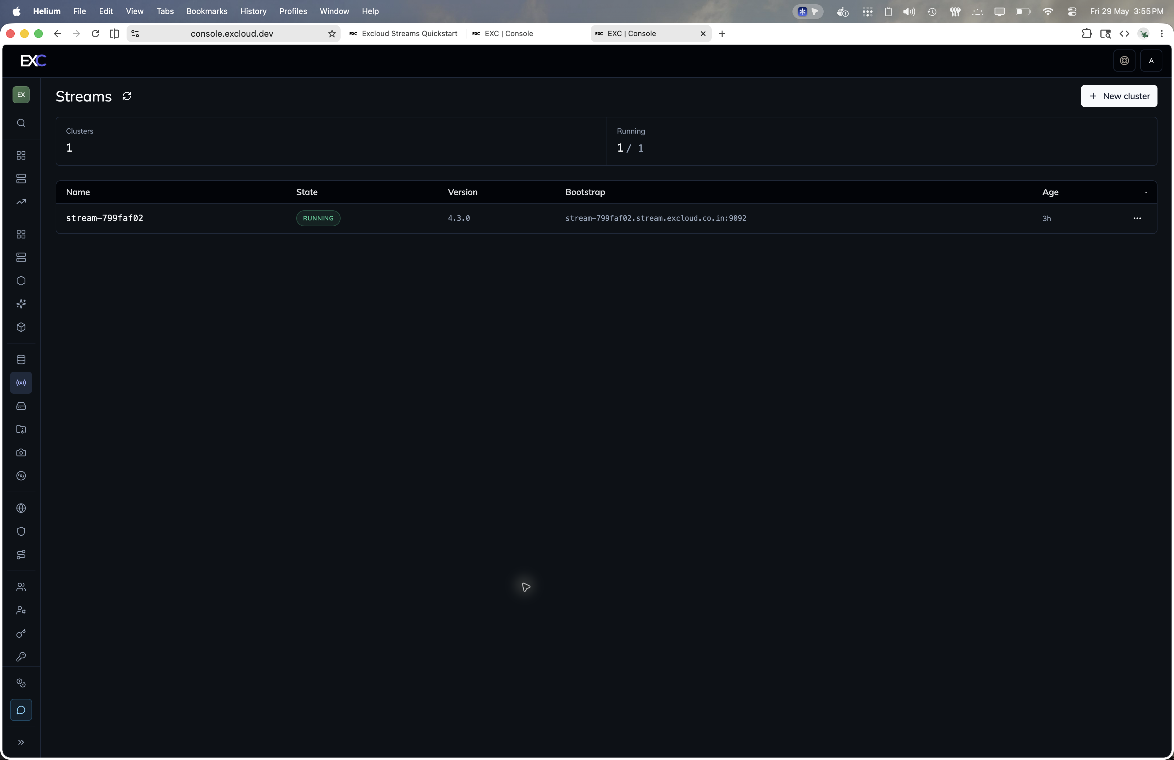 Streams clusters in the Excloud console
