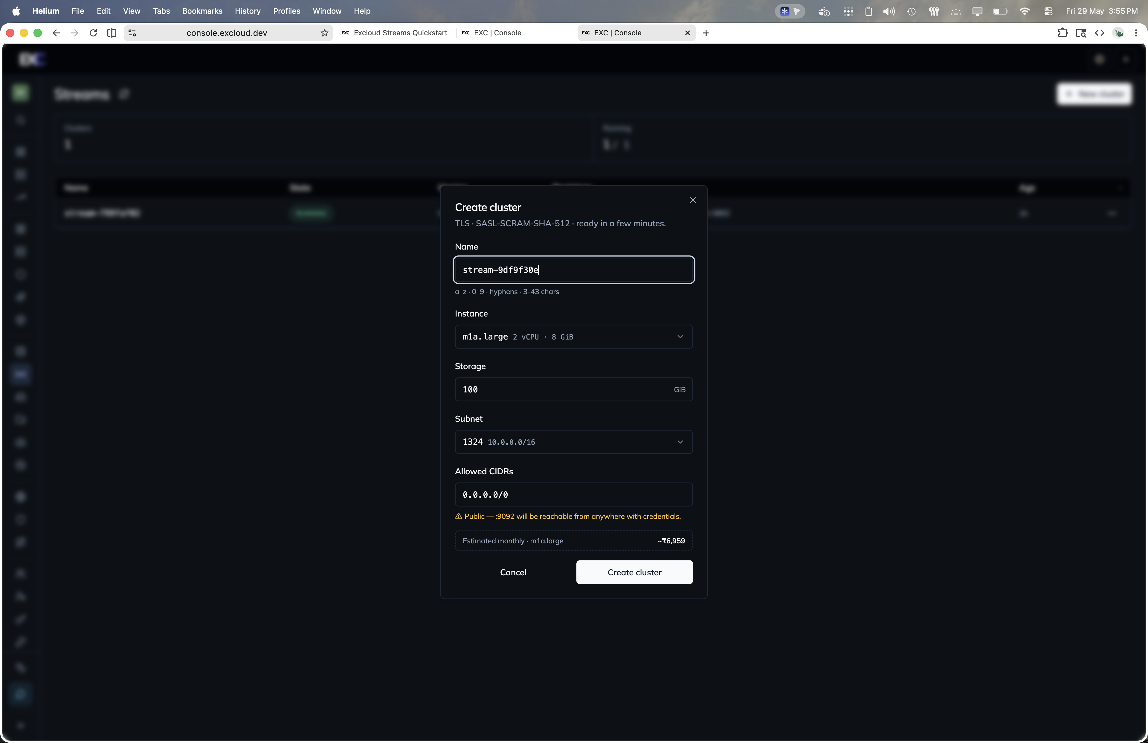 Create a Streams cluster in the Excloud console