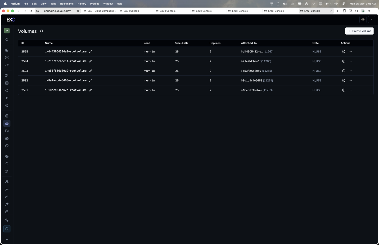 Volumes in the Excloud console